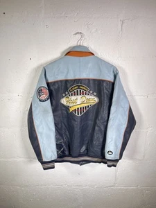 Blue First Down Leather Bomber Jacket - Picture 1 of 4