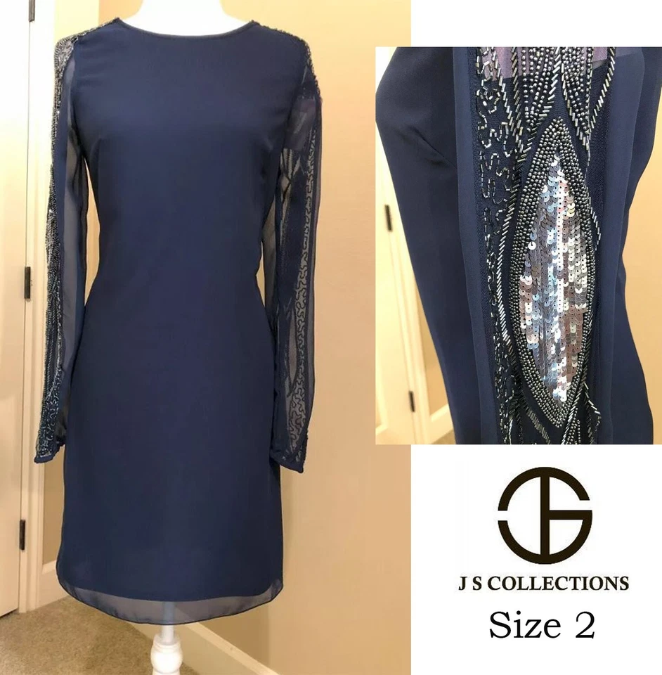 JS Collections Navy Beaded Sleeves Chiffon Dress NWT Size2 - Image 1 of 4