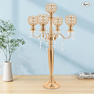 4 Pcs 5 Arm Crystal Candelabra Centerpieces Gold Candle Holder Freestanding - Image 1 of 4