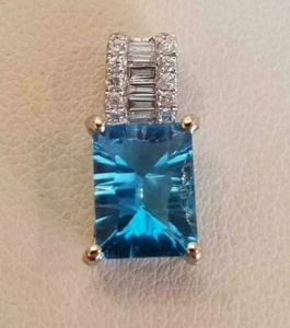 3Ct Lab Created London Blue Topaz Solitaire Pendant 14K White Gold Plated Chain - Picture 1 of 7