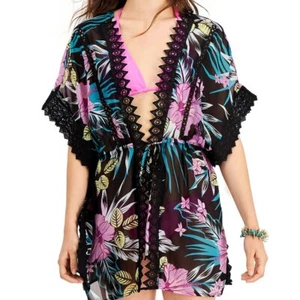 Miken Lace-Inset Tie-Front Kimono Cover-Up Black Dahlia S Small NWT - Picture 1 of 3
