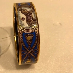 Vintage Hermes Bangle Bracelet Blue Enamel Horse Gold Rim Size 70 w/Case - Picture 1 of 4