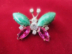 Magnificent Czech Vintage Style  Glass Rhinestone Brooch  BUTTERFLY Green & Pink - Bild 1 von 3