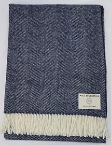 New Bronte by Moon Navy Blue Herringbone 100% Pure New Wool Throw Blanket - Picture 1 of 4