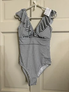 Traje de baño COCOSHIP de una pieza blanco y negro a rayas cuello en V con volantes nuevo con etiquetas talla 6 - Imagen 1 de 6