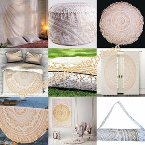 White Golden Ombre Mandala Duvet,Round & Square Cushion,Ottoman Pouf,Yoga bag - Picture 1 of 27