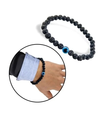 Armband Schwarz Lavasteinoptik mit Blaue Nazar Boncuk Auge Armreif Modeschmuck - Bild 1 von 4