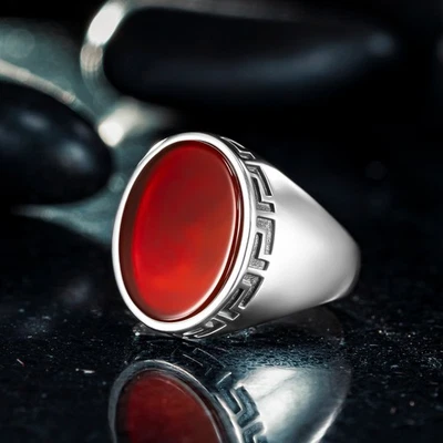 925 Sterling Silver Ring with Oval Red Agate Stone and Greek Pattern for Men - Image 1 of 4