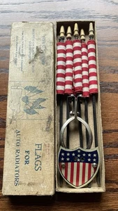Antique Tin Radiator Cap Car Mount 5 Flag Holder w US Shield Patriotic w/ box - Picture 1 of 8