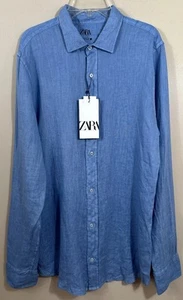 ZARA 100% LINEN SHIRT WITH collar and long sleeves pocket BLUE Med 7545/242 NWT - Picture 1 of 6