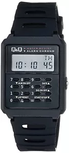 Q&Q Retro Black Resin Calculator Watch Water Resist Alarm Chrono L123J001Y - Picture 1 of 4