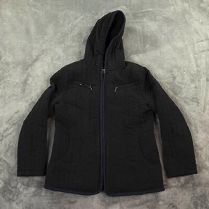 Vintage ESPRIT Jacket Women's Large Black 80s Hood Quilted Anorak Coat Blue Trim - Picture 1 of 15