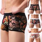 Sexy Printed Lace Low Waist Boxer Briefs for Men Transparent Hollow Breathable