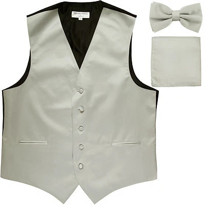New men's wedding formal tuxedo vest waistcoat_bowtie & hankie silver 5XL 6XL - Image 1 of 4