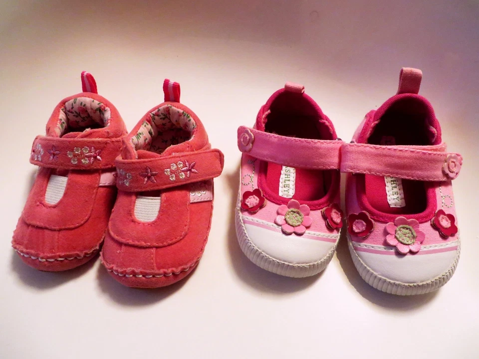 2 Pr LAURA ASHLEY Baby Girls Floral Flower Pink Leather Tennis Shoes 0-6 Months  - Image 1 of 1