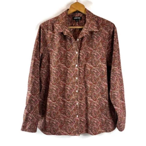 Lands' End Womens Button Up Top Size 18 Brown Pink Paisley Collared Long Sleeve - Picture 1 of 11