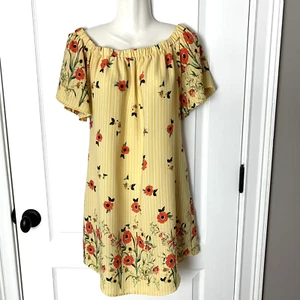 Peppermint Dress Women’s M Yellow Floral Mini Off Shoulder Peasant Tie Shift - Picture 1 of 7