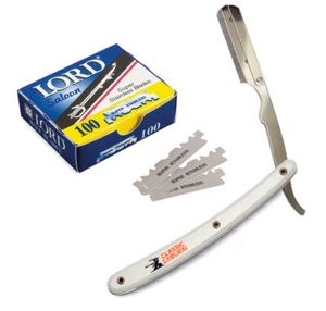 Navaja de afeitar de acero inoxidable blanca de borde recto + 100 hojas individuales Lord de CS  - Imagen 1 de 3