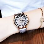 Luxury Women's Rose Gold Genuine Lather Crystal Flower Rotation Quartz Watches