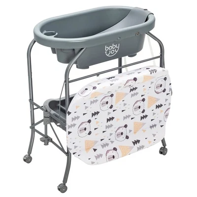 Baby Changing Table w/ Practical Bathtub & 4 Universal Wheels w/ Brakes Grey - Image 1 of 4