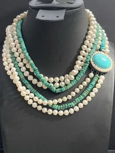 Vintage 70's Natural Pearl And Turquoise 3 Strand Necklace 925 Silver 30" M16 - Picture 1 of 18