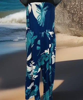 Misses Sz Large Capri Jumpsuit Blue Green Tropical Themed Strapless Beach Club - Image 1 of 4