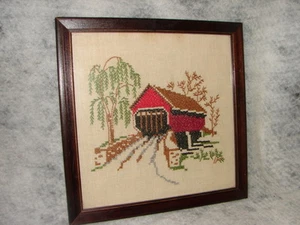 Vintage Cross Stitch Red with Brown Roof Covered Bridge Picture Nice Work - Picture 1 of 3