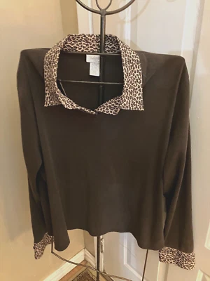 Studio Works (3x) brown pullover sweater w/ leopard print collar & cuffs. - Image 1 of 3