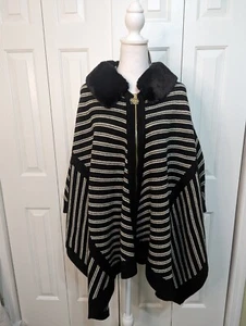 Poncho Anne Klein - con cremallera frontal y cuello de piel sintética desmontable - rayas talla XL - Imagen 1 de 11
