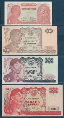 Indonesia 1 10 50 100 Rupiah 4Pcs Lot, 1968, P 102 105 107 108, AU-UNC(1Rp)/ UNC - Image 1 of 2
