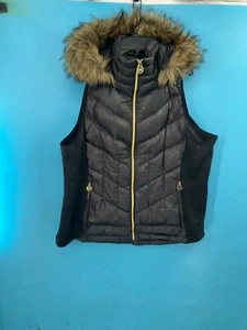 Michael Kors Womens Size S Sleeveless Down Vest W/Faux Fur Hood Black/Gold - Picture 1 of 7