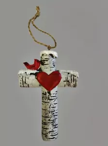 Croce San Valentino ornamento legno di betulla con cardinale e cuore regalo da appendere - Foto 1 di 1