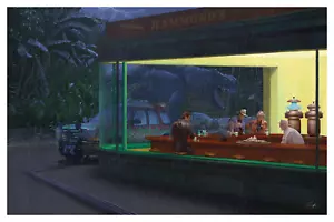 Jurassic Park T-Rex Nighthawks Night Diner Giclee Art Print Poster 24x16 Mondo - Picture 1 of 1
