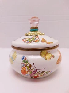 Mackenzie Childs Butterfly Garden Enamel Squashed Pot Blue Ring Purple Knob - Picture 1 of 10