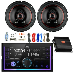 JVC Double DIN Bluetooth Stereo Receiver, 2x 6.5" 300W Marine Speaker, Amp w/Kit - Picture 1 of 6