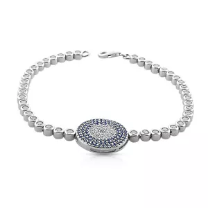 Sterling Silver White Blue Bezel-Set Crystals Evil Eye Tennis Bracelet - Picture 1 of 3