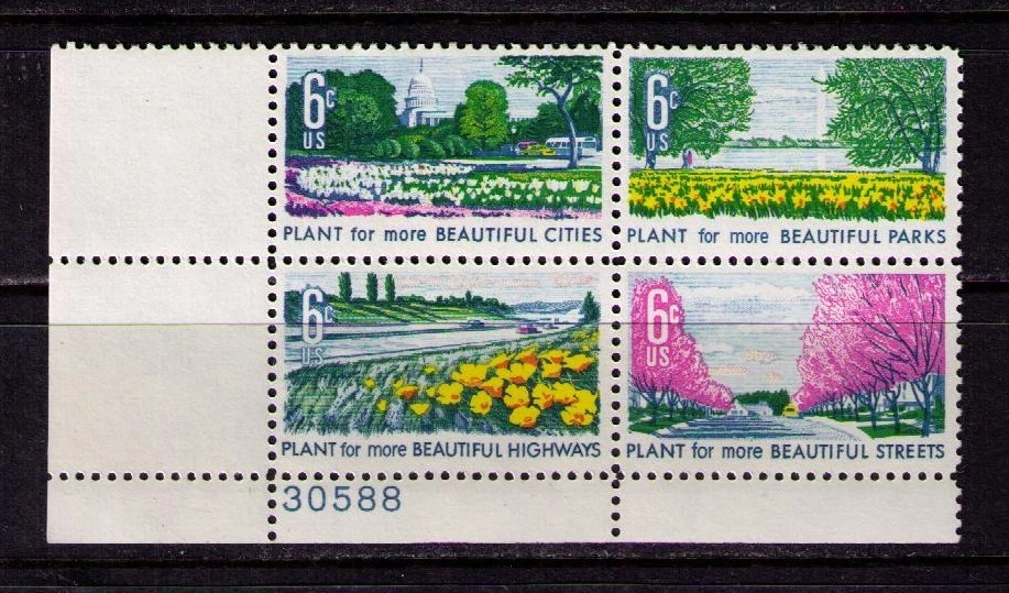 US USA Sc# 1368a MNH FVF Plate # Block Flowers Trees Azalea Tulip Daffodil Apple - Image 1 of 1