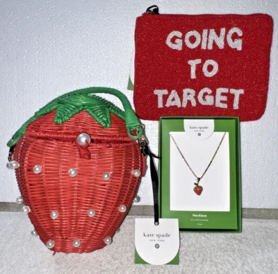 KATE SPADE PEARL EMBELLISHED STRAWBERRY BASKET + NECKLACE + BEADED CLUTCH *NEW* - Image 1 of 4