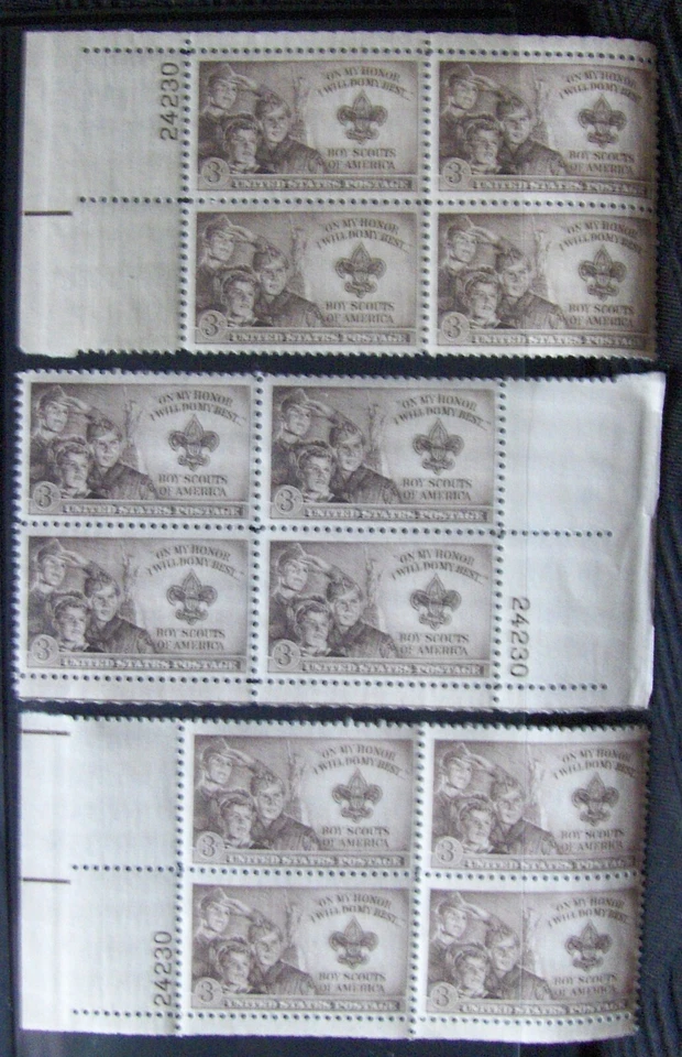 US 3¢ stamp SC #995 Boy Scouts 3 plate blocks w/ matching number MNH 1950. - Image 1 of 1
