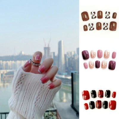 Fake Nail Acrylic Press On Tip Art Mix-colored Full Cover False Type Short 24Pcs - Image 1 of 4