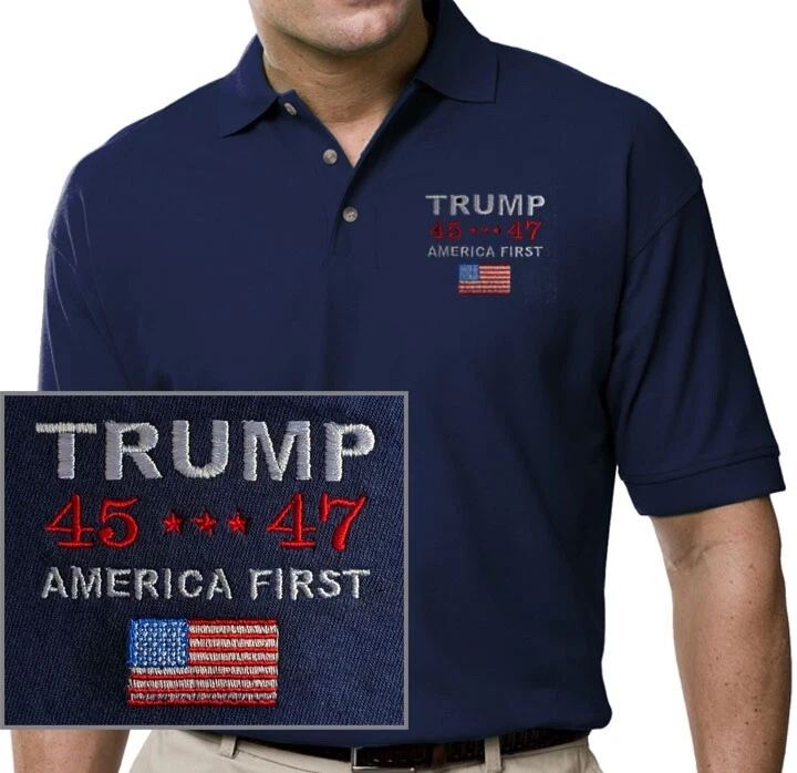 TRUMP 45 47 AMERICA FIRST, Flag, Navy Blue Polo Shirt Embroidered Nice Quality! - Image 1 of 1