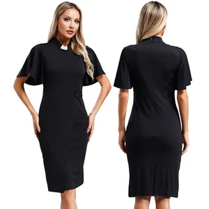 iEFiEL Damen Priesterin Nonne Kleid Kurzarm Bodycon Bleistift Kleid Cosplay Sexy - Bild 1 von 18