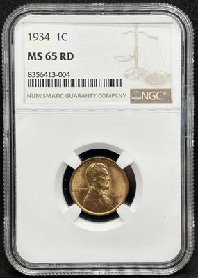 1934 Lincoln Head Wheat Cent NGC MS 65 RD Red Philadelphia Mint GEM BU Nice! - Image 1 of 4