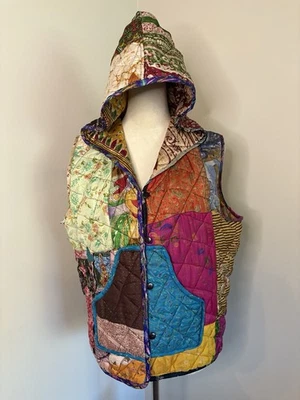 Sacred Threads Vintage Patchwork 100% Silk Vest Hooded Quilted Medium Large Boho - Image 1 of 4