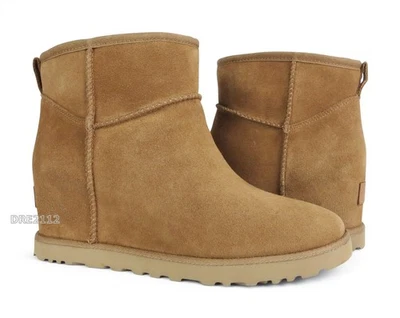 UGG Classic Femme Mini Chestnut Suede Fur Wedge Boots Womens Size 9.5 *NEW* - Image 1 of 4