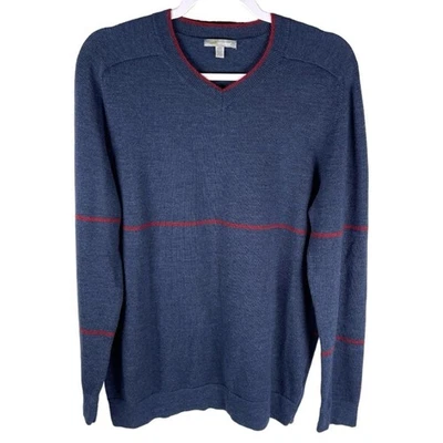 Horny Toad Men’s Size Medium Vector Navy Blue Red Merino Wool V-Neck Sweater - Image 1 of 4