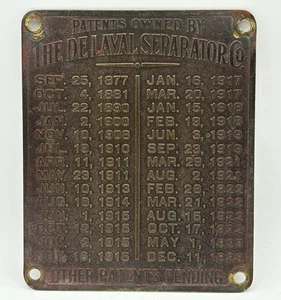 Vintage DeLaval Separator Co. Embossed Brass Patents Identification Tag Badge - Picture 1 of 4