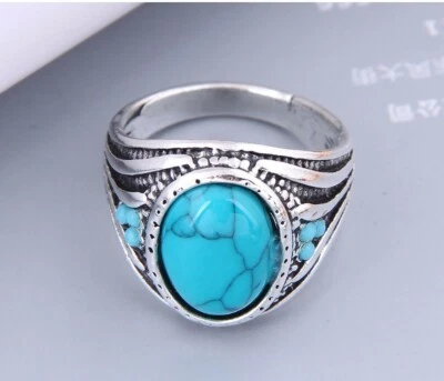 Hermoso Anillo de Plata Tibetana Unisex Clásico Turquesa Azul Hecho a Mano - 4 tamaños Foto 1 de 4