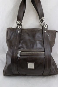 PRUNE Classic Brown Genuine Leather Silver Hardware Large Tote Shoulder Bag - Picture 1 of 9