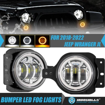 Pair For 2018-2022 Jeep Wrangler JL 4" Front Bumper White&Amber LED Fog Lights - Image 1 of 4